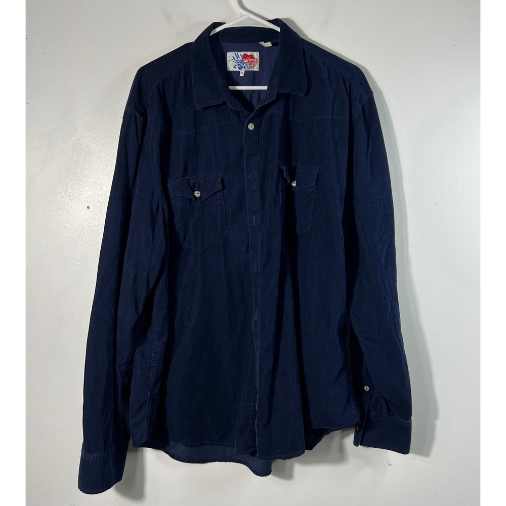 Mens Desigual Corduroy Button Shirt Navy Blue 3XL Reg Long Sleeve Very Soft Flaw